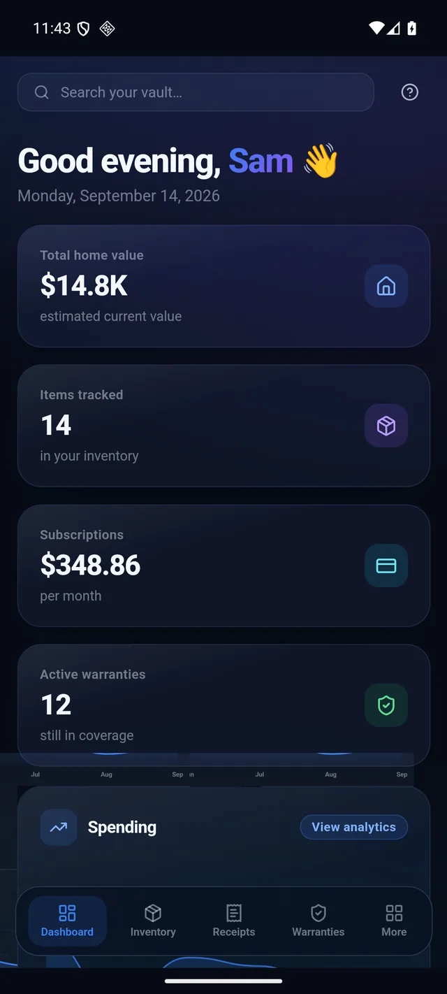 Dashboard with home value, items tracked, active warranties and subscription stats