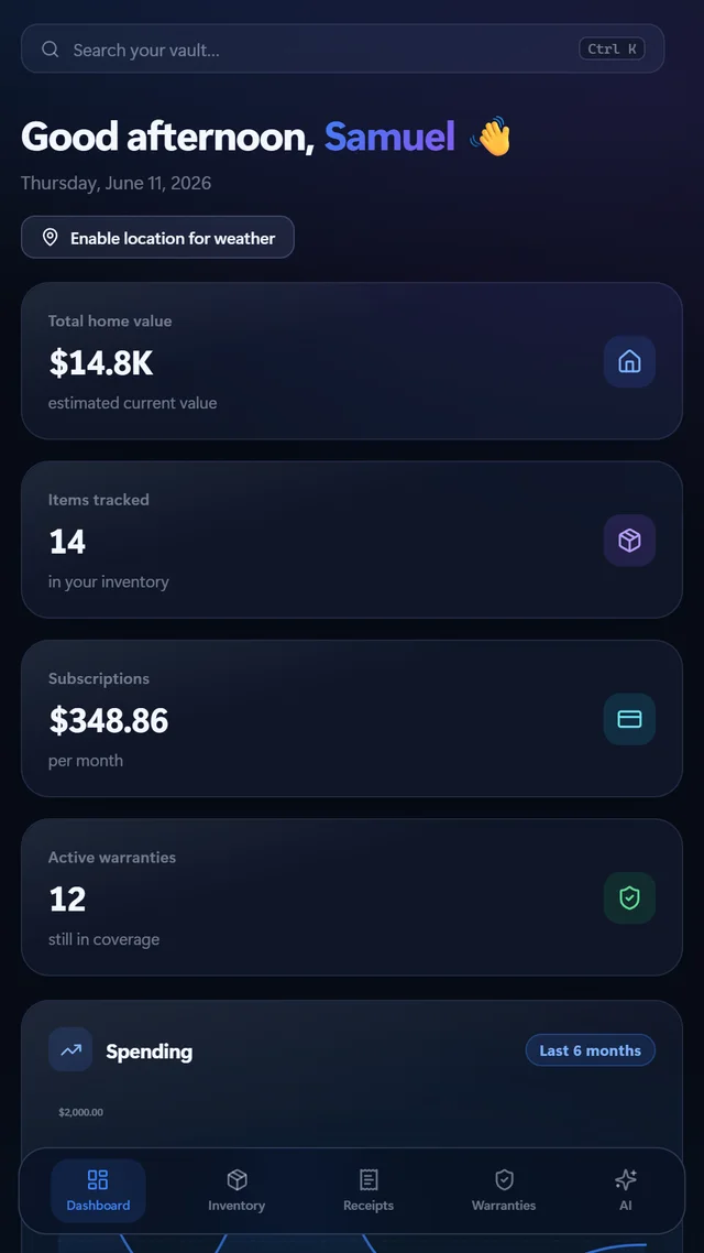 Dashboard with home value, items tracked, subscriptions and warranty stats