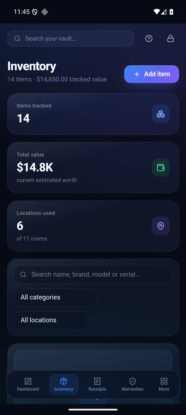 Inventory list with item photos, categories and values