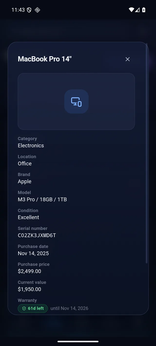 Item detail with photo, purchase details, warranty status and attached receipt