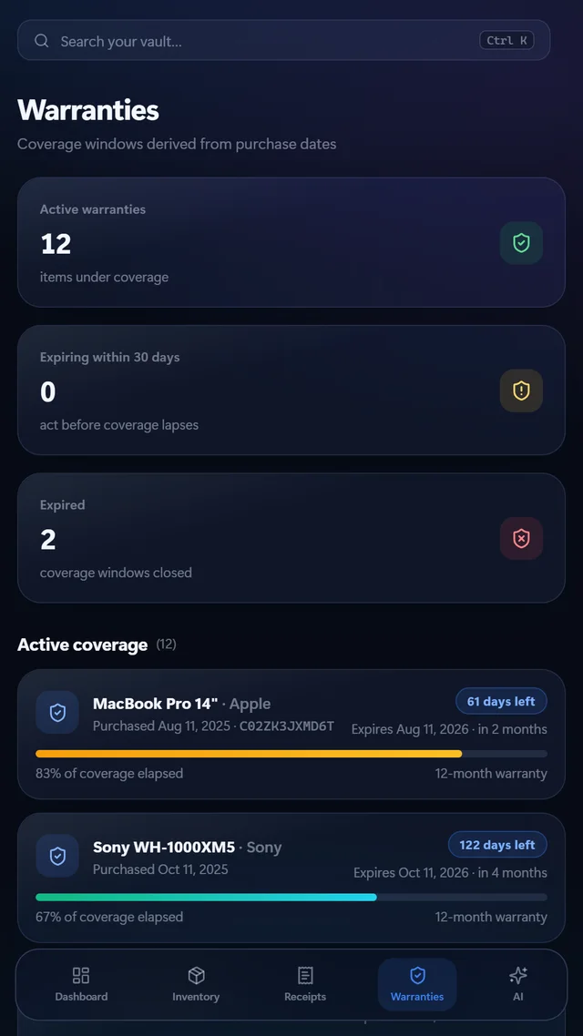 Warranty list with automatic coverage countdowns