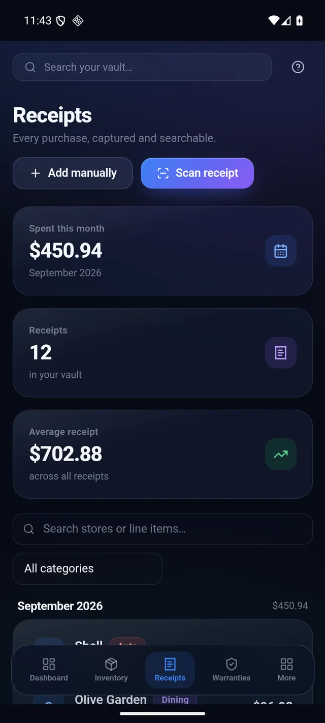 Receipts grouped by month with itemized totals